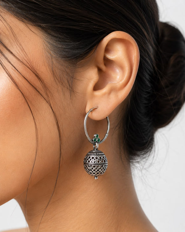 Traditional Green Stone Studded Filigree Jhumkas